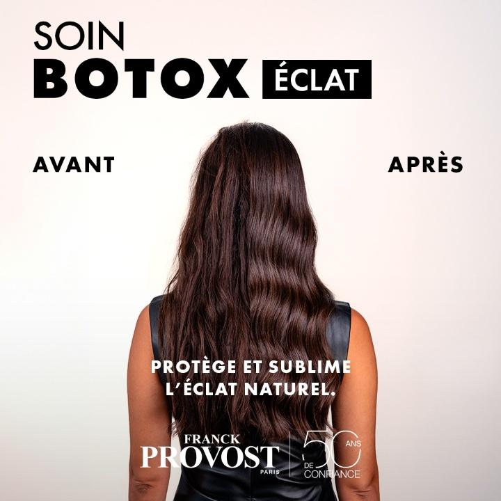 Soin Botox Eclat Le soin Botox Éclat réalisé dans notre salon Franck Provost à Six-Fours-les-Plages apporte une brillance intense et immédiate à la chevelure. Ce soin professionnel nourrit profondément la fibre capillaire, illumine les longueurs et offre