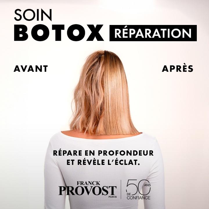 Soin Botox Réparation Le soin Botox Réparation est réalisé dans notre salon Franck Provost à Six-Fours-les-Plages pour redonner force, souplesse et brillance aux cheveux fragilisés. Ce soin profond permet de réparer la fibre capillaire, de lisser les écai