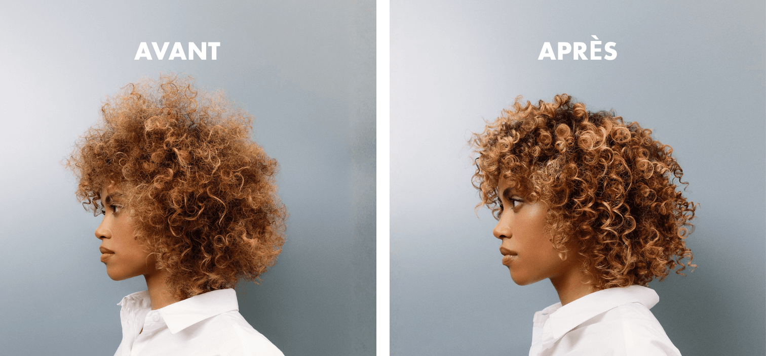 Comparaison avant-après du service boucles Franck Provost, montrant une transformation radicale de cheveux frisés : d'un état sec, mous et sans définition à des boucles rebondies, définies.